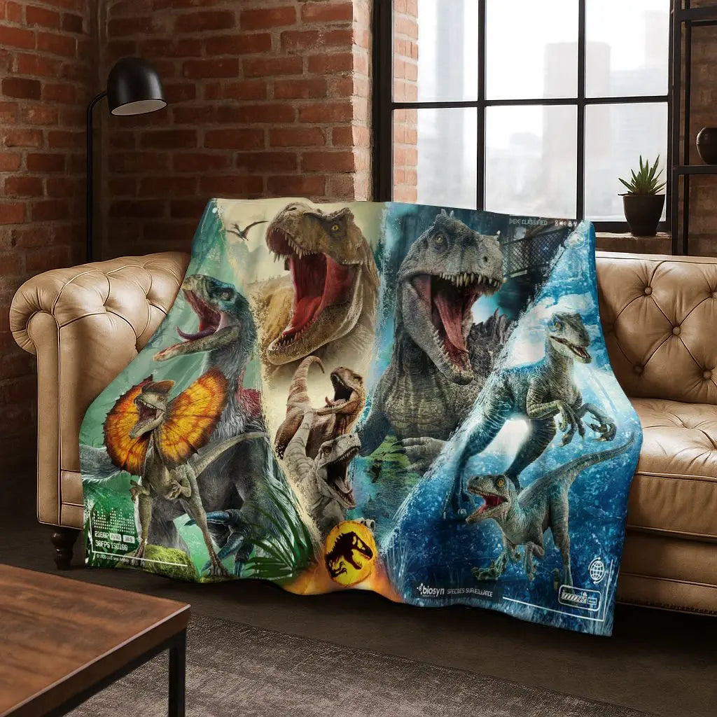 A colorful flannel throw blanket featuring a collage of dinosaur illustrations.