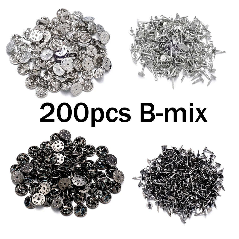 A collection of 200 pieces of B-mix metal pin findings including clasps and tie tacks for jewelry making.