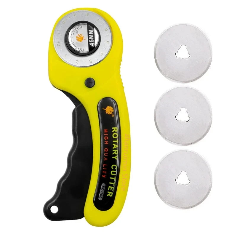 Yellow and black precision rotary cutting kit with six metal blades shown next to the tool
