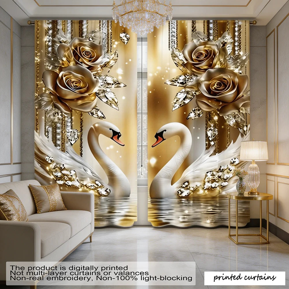 Elegant champagne gold and white swan curtains with floral accents featuring light-blocking fabric