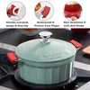 A light green silicone pot with a lid and handle covers shown alongside close-ups of the design features.