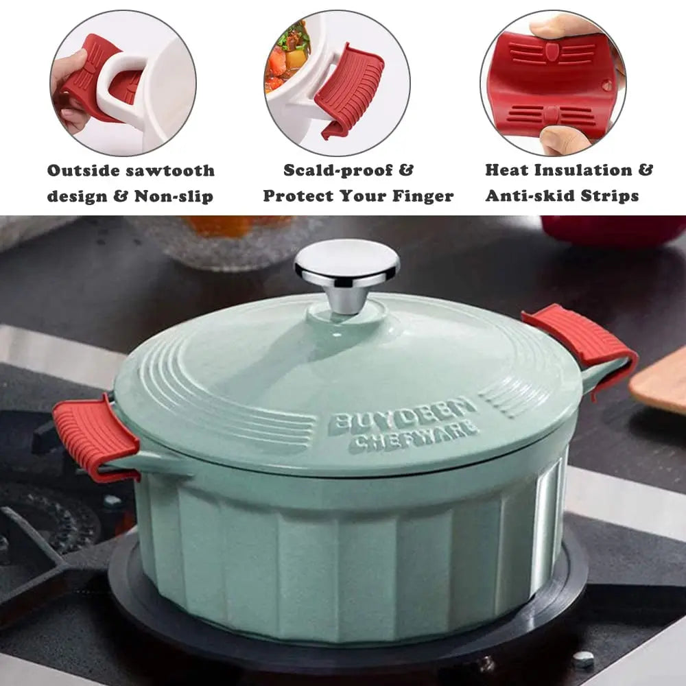 A light green silicone pot with a lid and handle covers shown alongside close-ups of the design features.