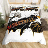 A black and orange basketball graphic duvet cover set featuring a basketball theme for boys and teens.