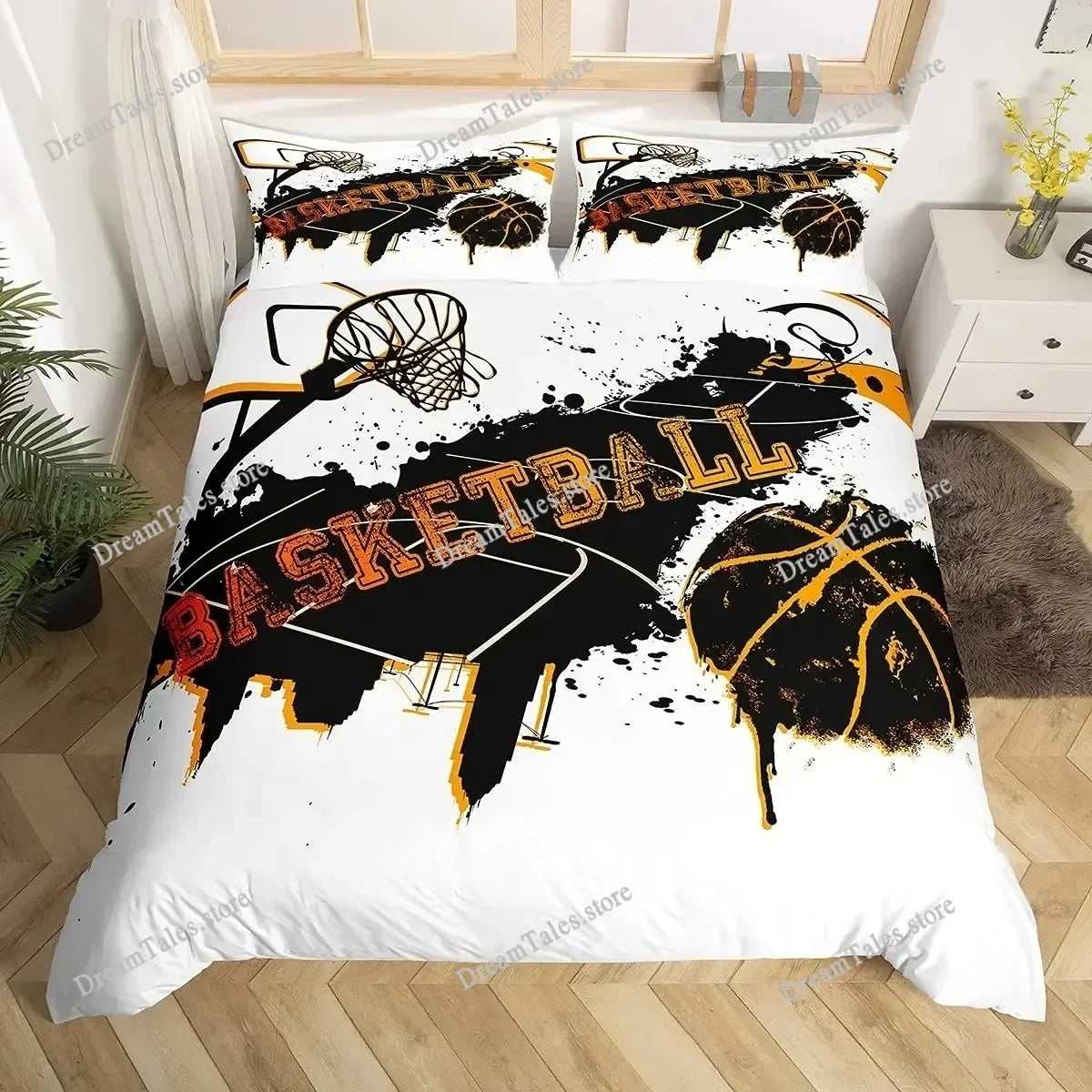 A black and orange basketball graphic duvet cover set featuring a basketball theme for boys and teens.