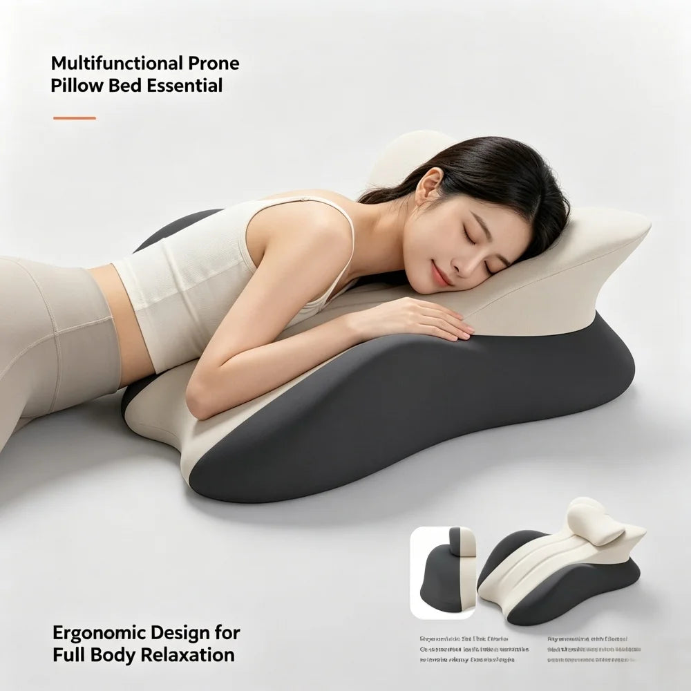 A woman is relaxing on a multifunctional prone pillow bed essential designed for full body relaxation.
