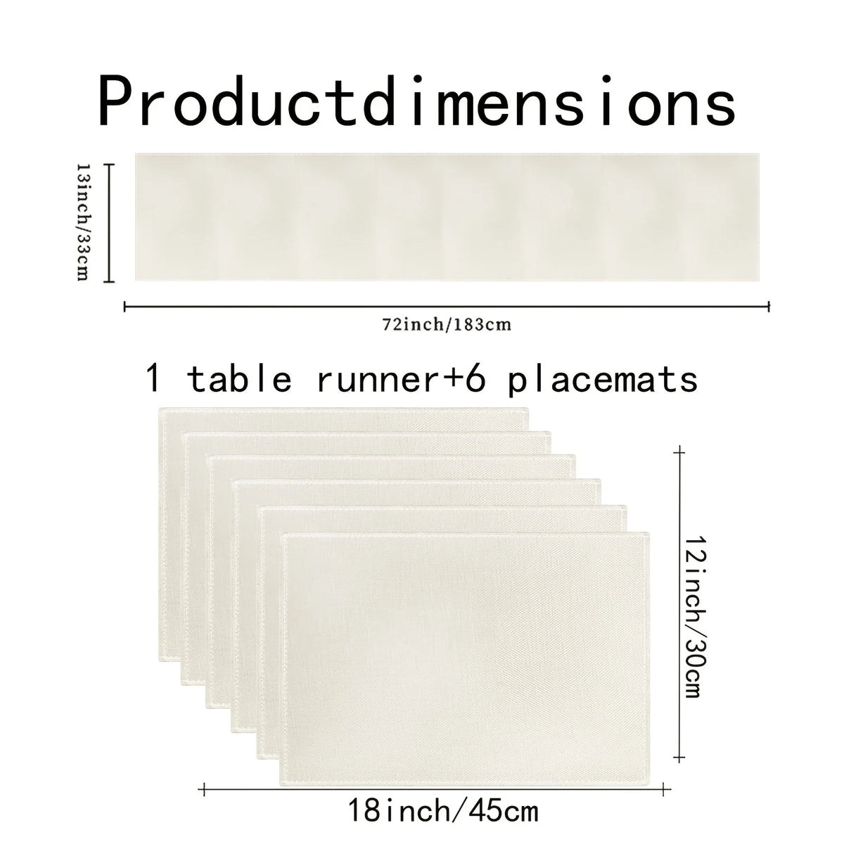 A set of six rectangular beige table runners and placemats shown with their dimensions.