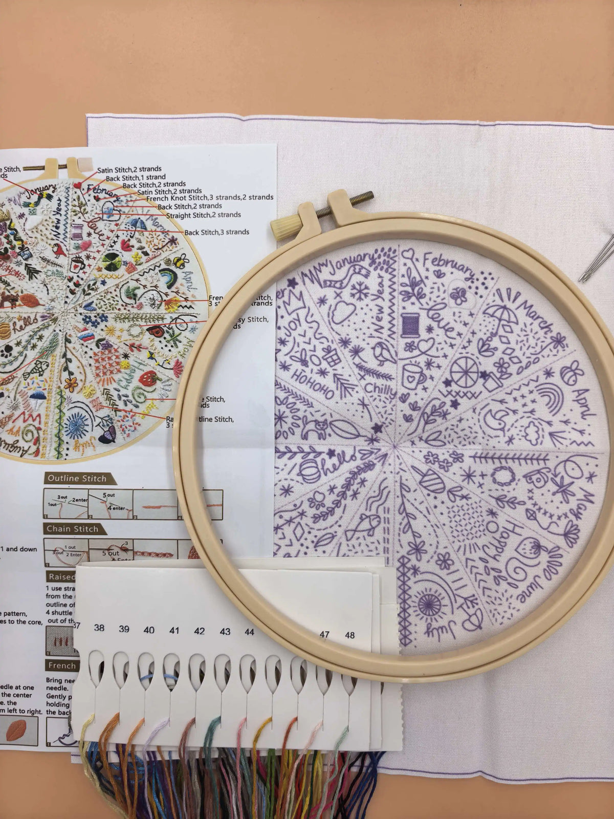 An open embroidery kit showing various floral designs and stitching instructions on paper.