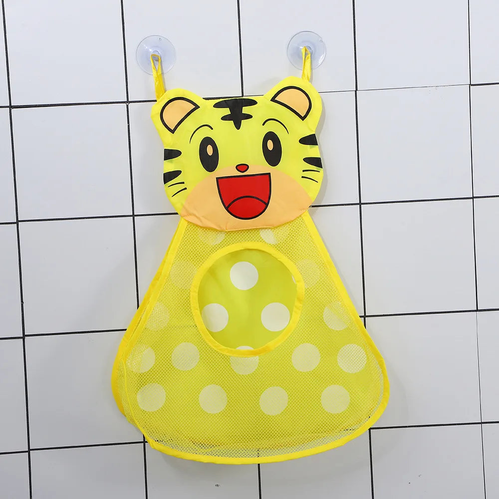 Yellow cartoon tiger mesh bath toy organizer with adhesive hooks