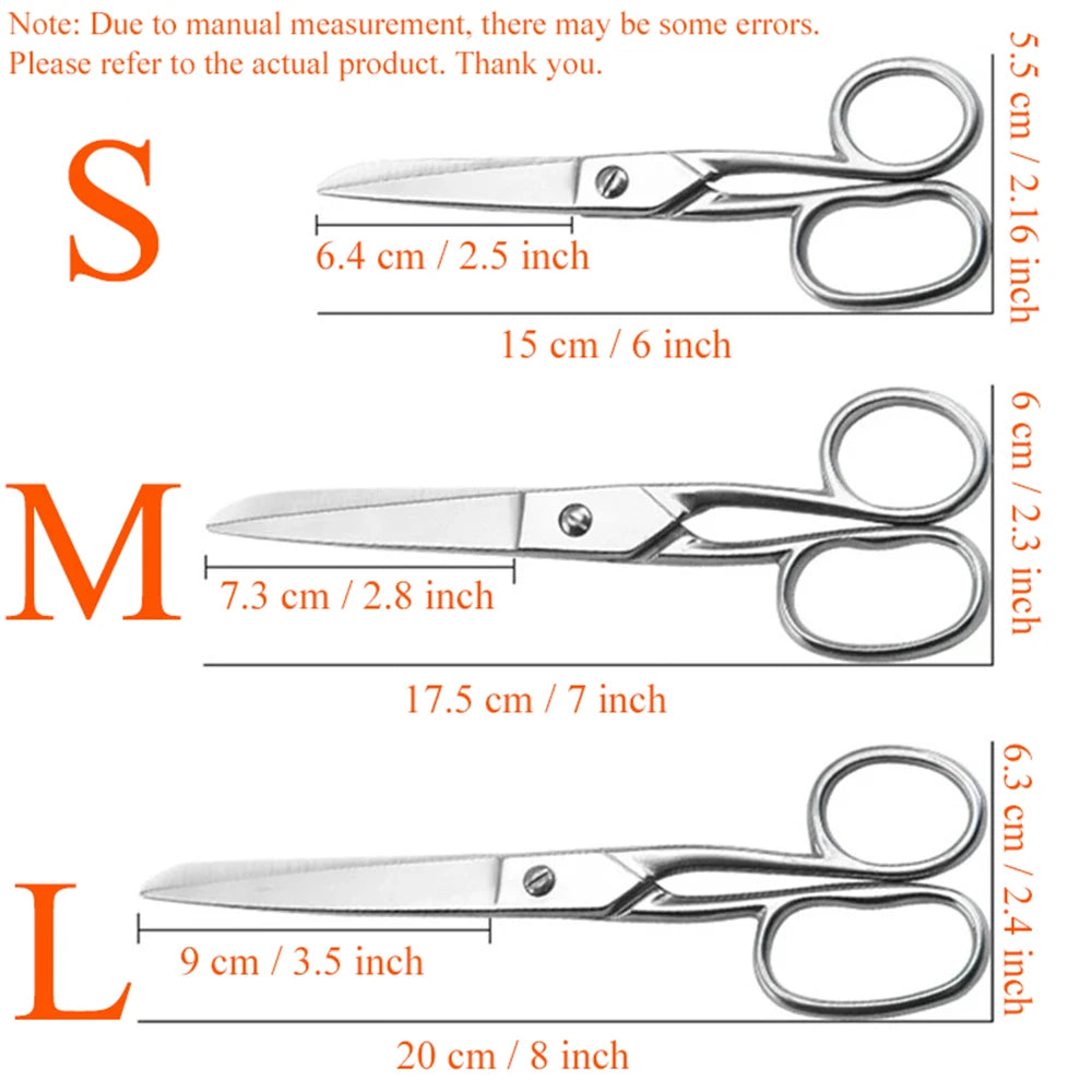 Three sizes of professional stainless steel sewing scissors labeled S, M, and L with corresponding measurements.