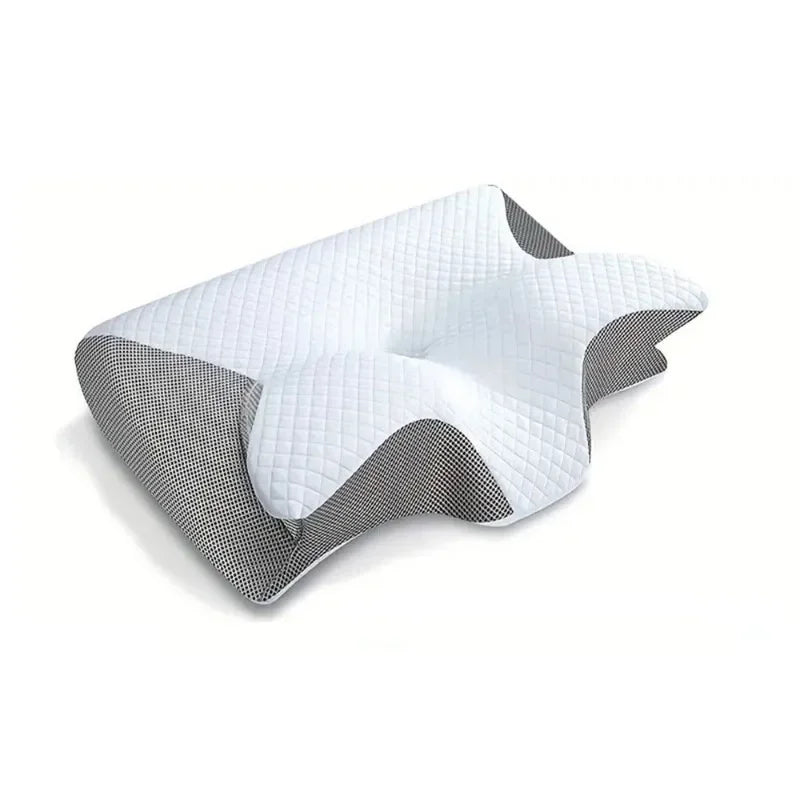 White orthopedic memory foam neck pillow with a gray textured outer cover