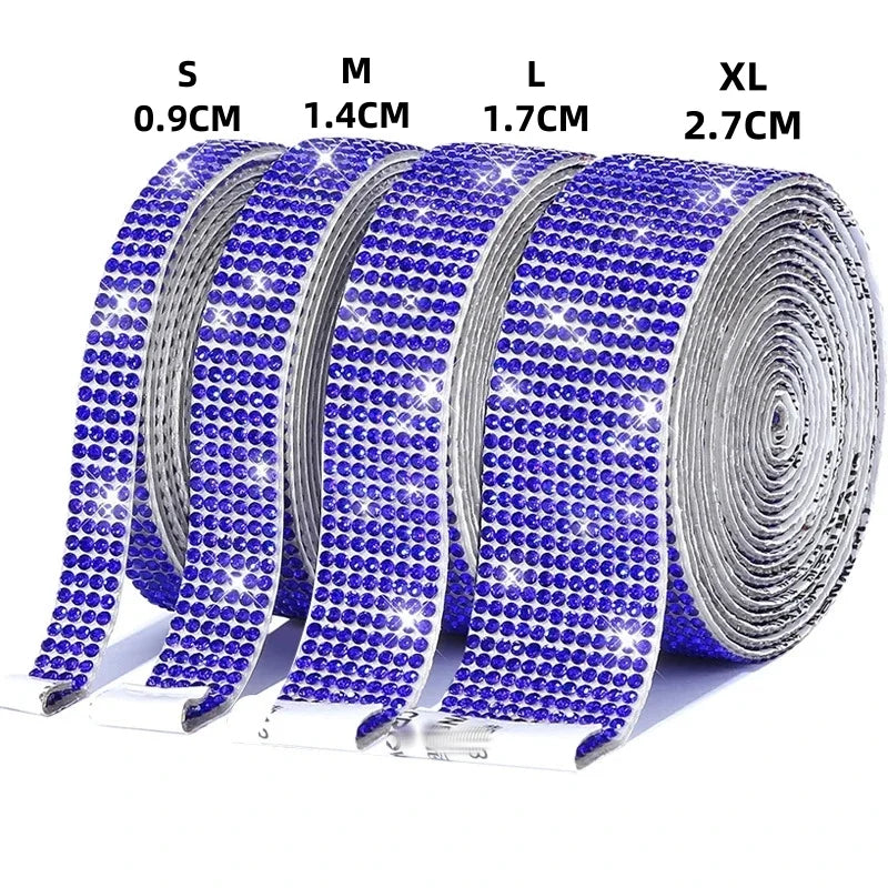 Rolls of self-adhesive crystal rhinestone ribbon in various sizes S to XL for DIY crafts