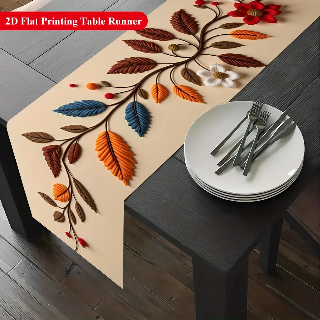 A 2D flat printing table runner featuring a floral branch design with autumn leaves and flowers on a dark wooden table.