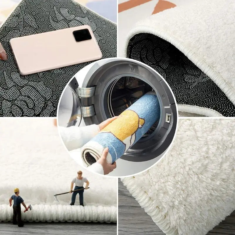 A round letter design rug is shown in various contexts, including on a surface and inside a storage container.