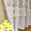 Cream geometric lace short curtains with tasseled trim hanging in a window.