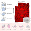 A large red spider web throw blanket displayed next to various lifestyle activities like traveling, sleeping, reading, relaxi