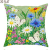 A 2D flat illustration of a floral pattern featuring butterflies, bees, and various wildflowers in green and purple tones.