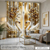 A pair of elegant champagne gold and white swan curtains with floral accents hanging in a room.