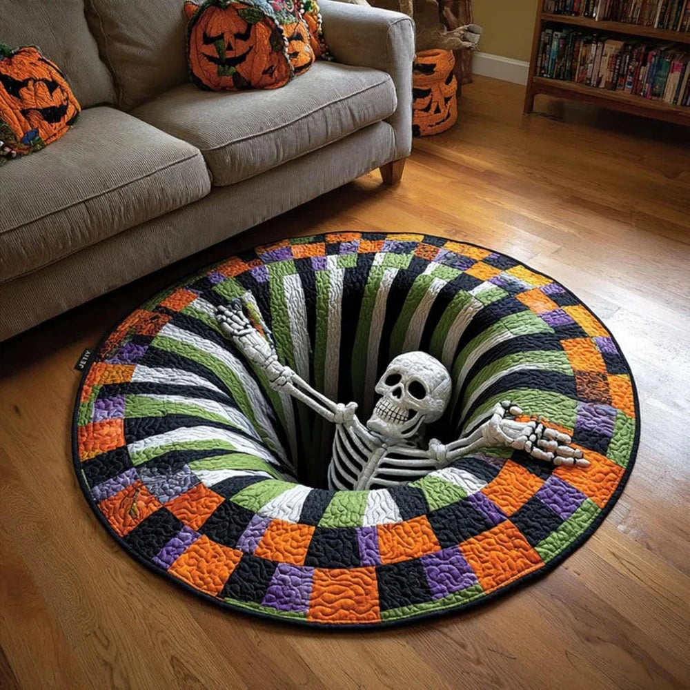 A circular rug shaped like a skull made of colorful fabric and straw fibers on a wooden floor.