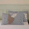 Gray floral plant print duvet cover set featuring gold and white botanical designs