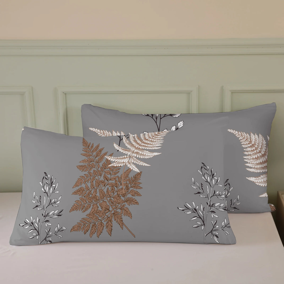 Gray floral plant print duvet cover set featuring gold and white botanical designs
