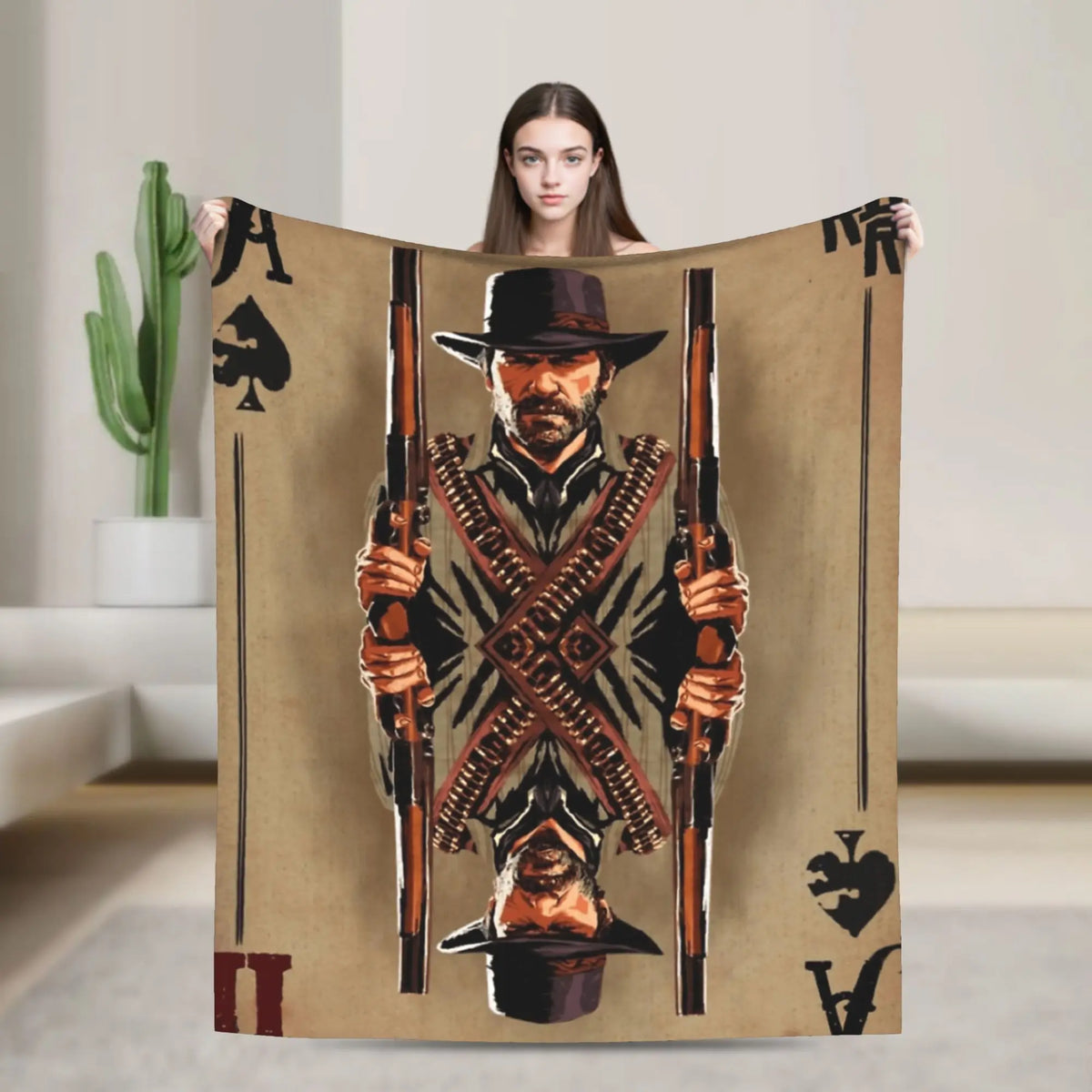 A large canvas print featuring a stylized portrait of a man in a hat and vest, set against a neutral background.