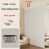 A beige folding curtain with vertical pleats shown in a room setting, emphasizing no pole installation.