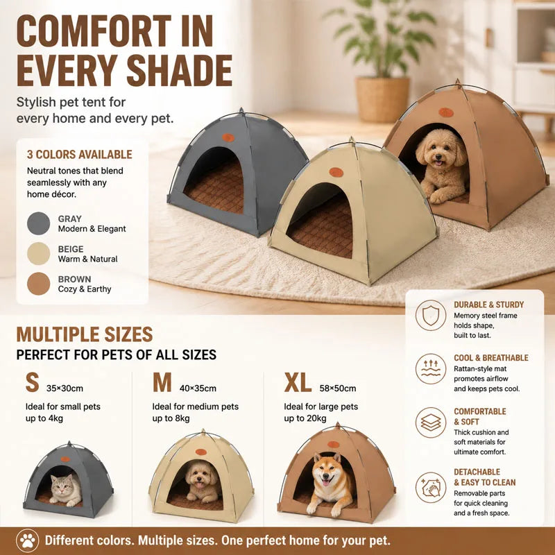 A set of multi-colored pet teepees and beds for cats and dogs shown on a light rug.