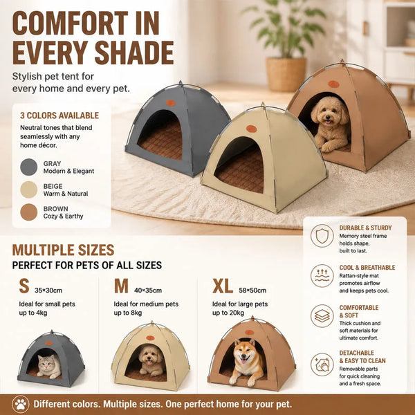 A set of multi-colored pet teepees and beds for cats and dogs shown on a light rug.