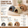 A set of multi-colored pet teepees and beds for cats and dogs shown on a light rug.