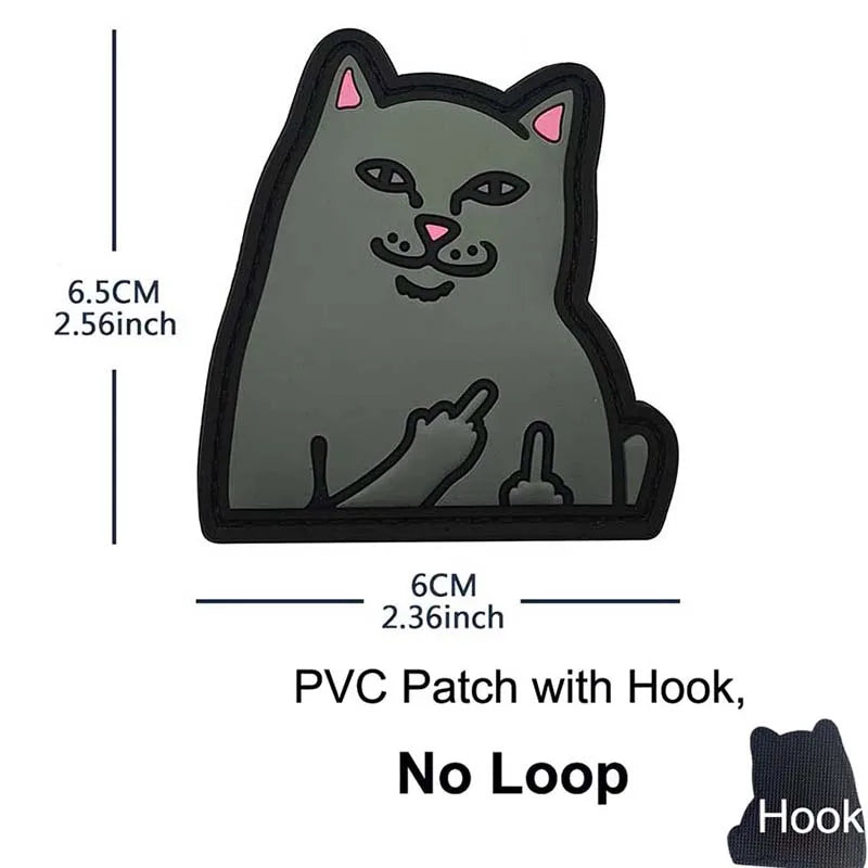 A gray cat patch with a paw pointing, featuring a hook for attachment.