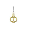 A pair of gold-colored crafting scissors with a silver blade and ornate handles.