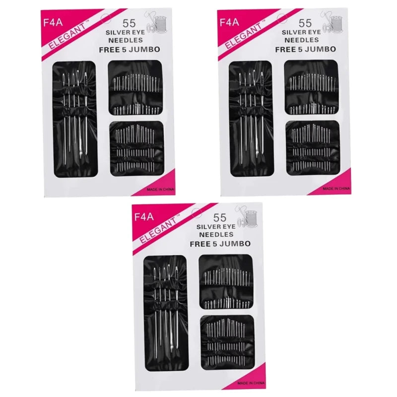 Packaged set of 55 elegant silver eye sewing needles with a jumbo set included