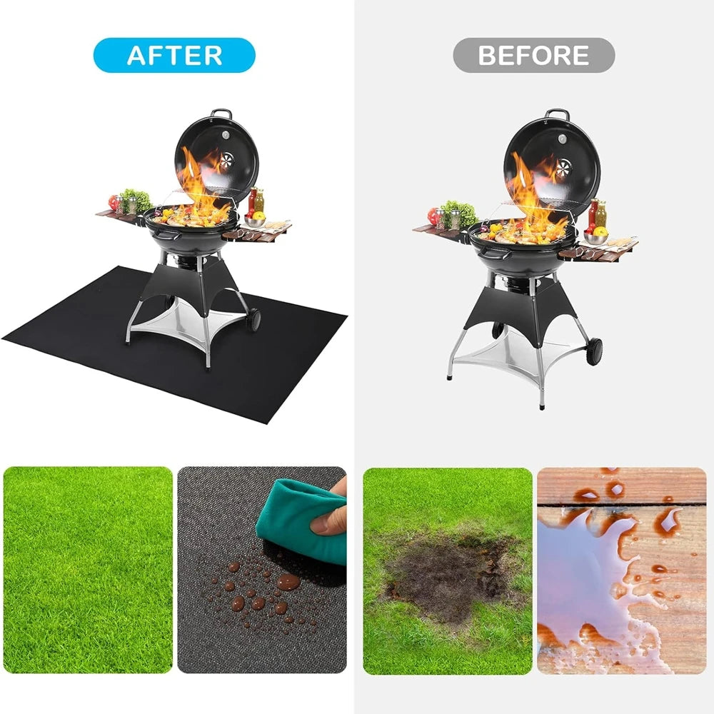Before and after comparison of a heavy-duty double-sided grill mat used for outdoor cooking.