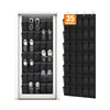 A black over-the-door shoe organizer with 35 pockets hanging on a white door frame.