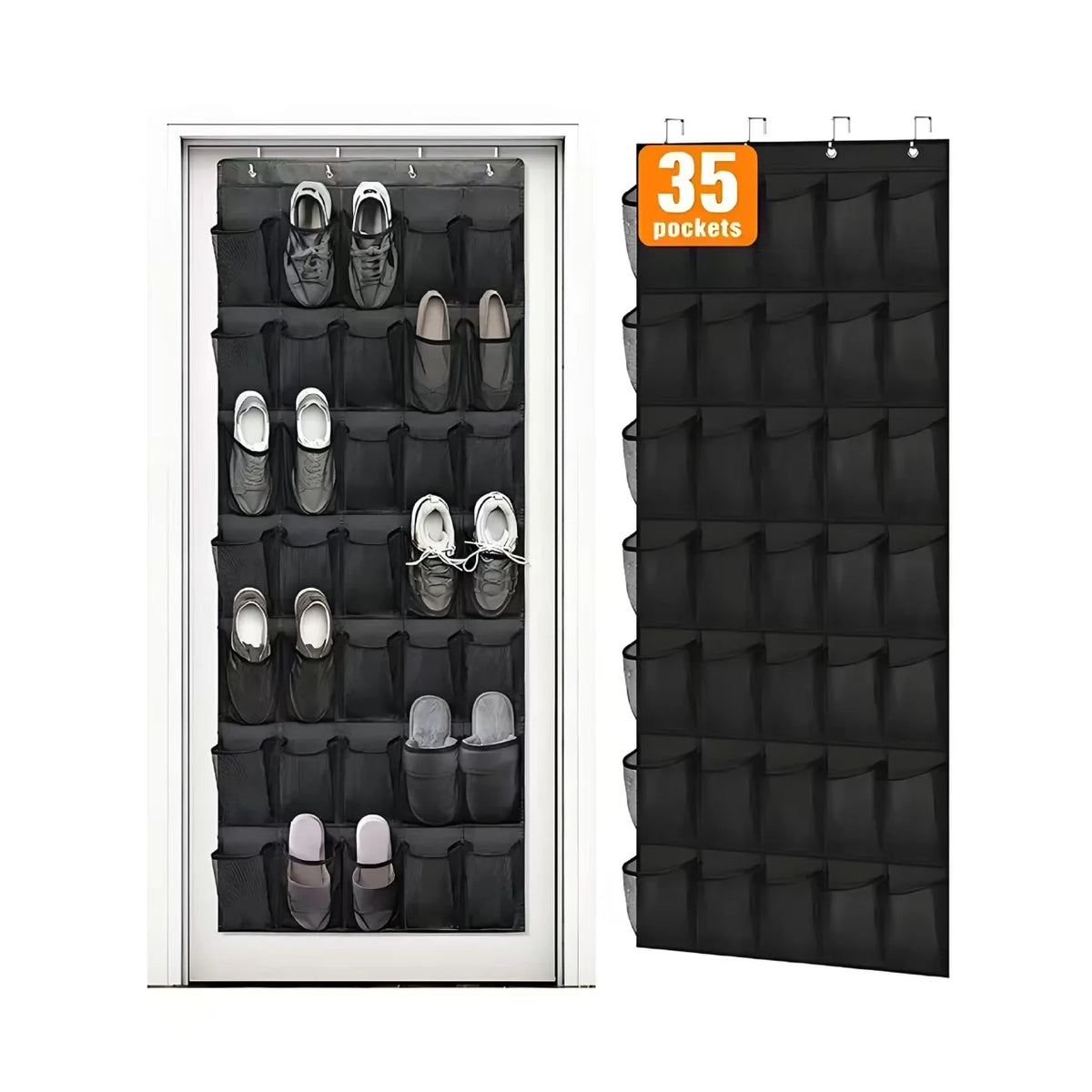 A black over-the-door shoe organizer with 35 pockets hanging on a white door frame.