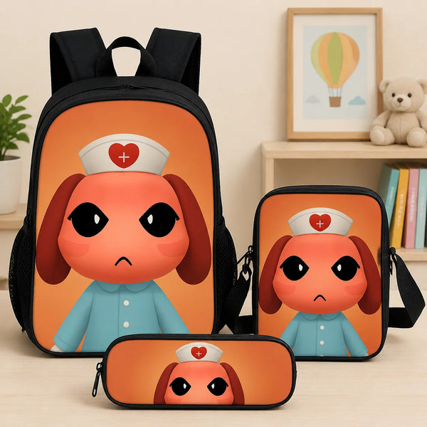 A set of three orange backpacks featuring a cartoon elephant doctor character