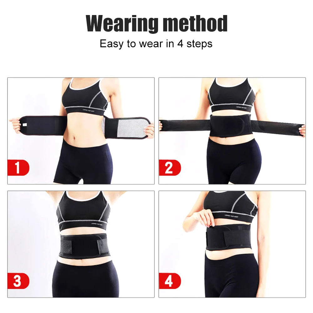 Instructions showing 4 steps to wear a magnetic therapy waist belt for lumbar support