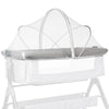 A portable bassinet with a clear mosquito net cover for baby sleep.