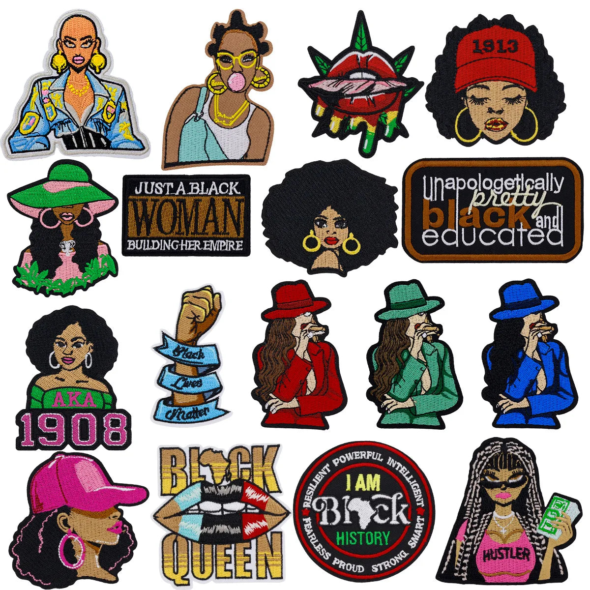 A collection of embroidered patches featuring various Black women and empowering text.