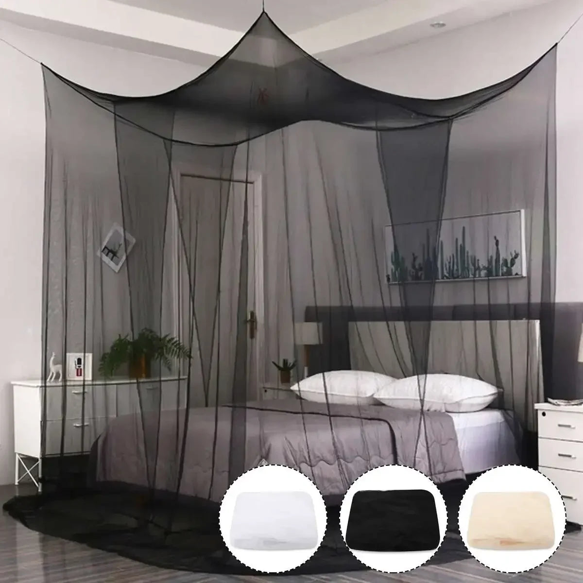 Elegant mosquito netting canopy draped over a bed in a bedroom setting.