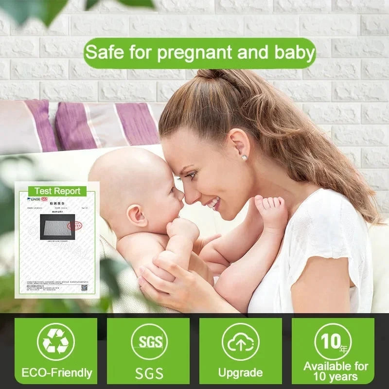 A woman holds a baby while displaying a test report and promoting an eco-friendly SGS certified product.