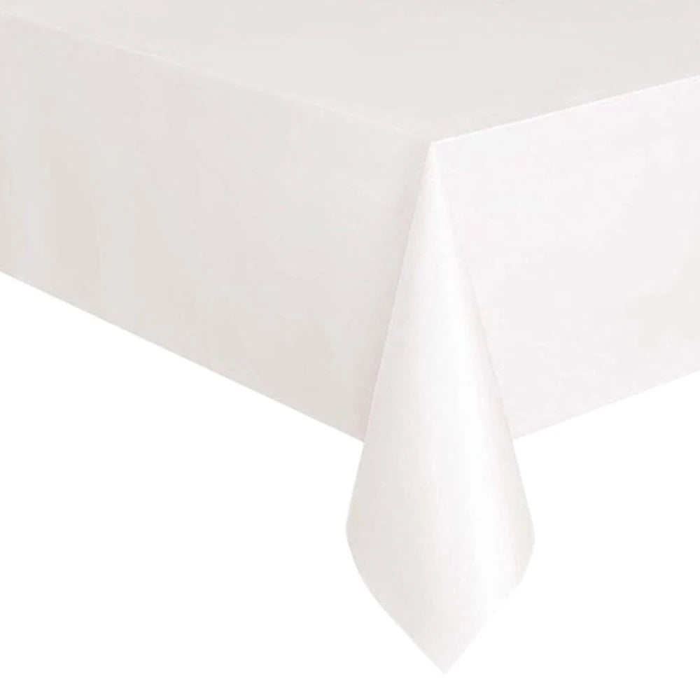 White disposable plastic tablecloth draped over a table.
