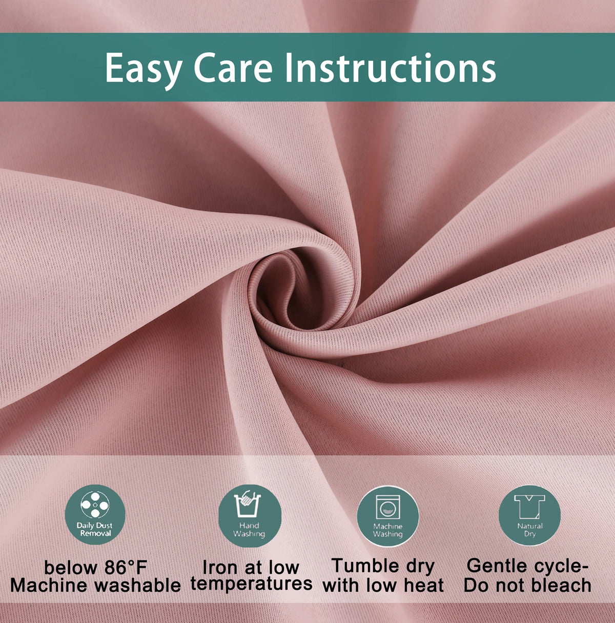 Pink fabric draped, showing care instructions for a 2-in-1 curtain set.