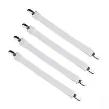 A set of white adjustable crisscross bed sheet clips for secure holding.