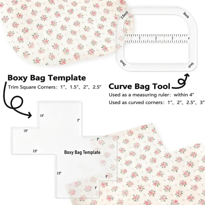 A set of sewing templates and tools for making boxy and curved bags, including a trim square corner and a curve bag tool.
