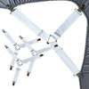 Four silver adjustable bed sheet holder clips are shown attached to a gray fabric, used for securing bedding.
