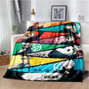 A colorful throw blanket featuring characters from Jujutsu Kaisen anime in a dynamic design.