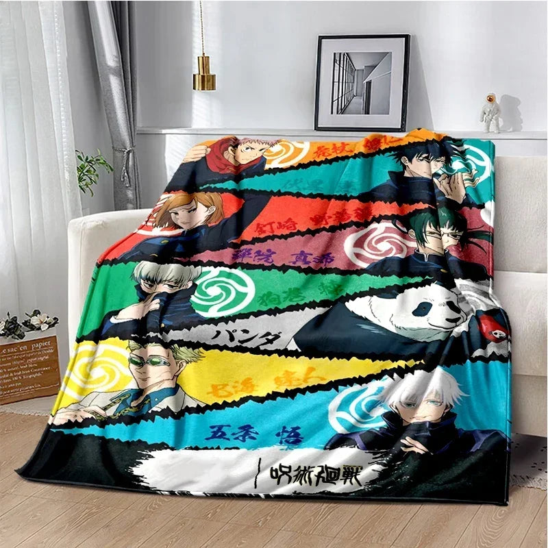 A colorful throw blanket featuring characters from Jujutsu Kaisen anime in a dynamic design.