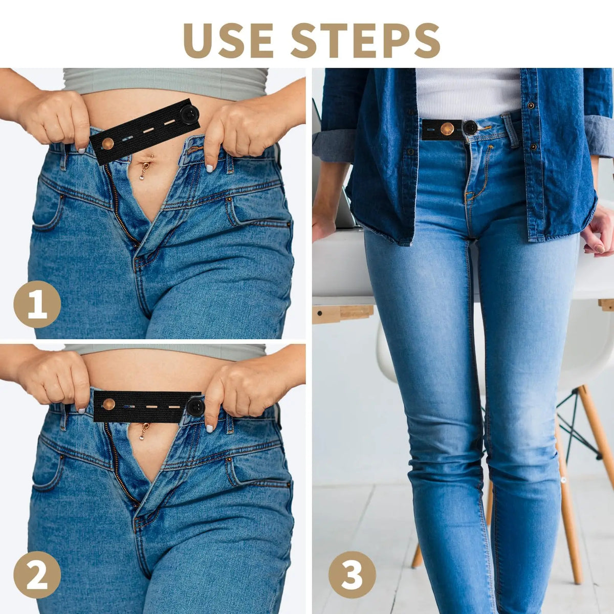 Three steps showing how to use an adjustable elastic waist extender belt for comfort on denim jeans.