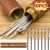 A set of 30 stainless steel sewing needles without thread shown emerging from a wooden tube.